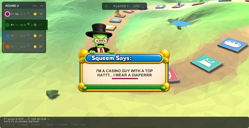 Squeem, a green casino character in a top hat, holding a card