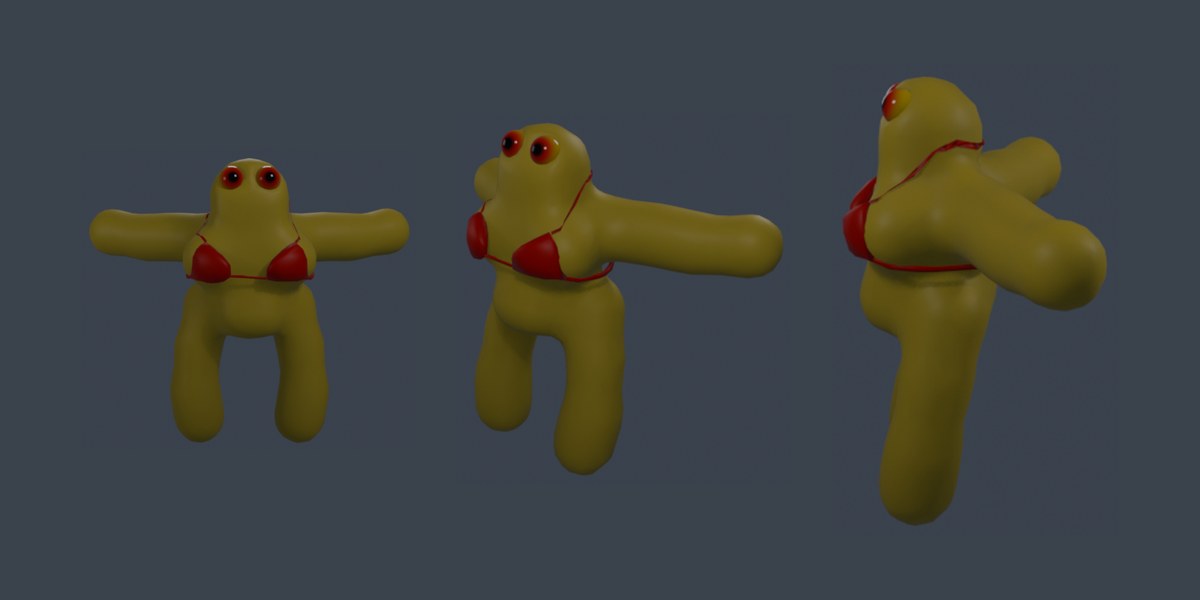 Squirma from the front, three-quarter and side, rendered from her rig test
